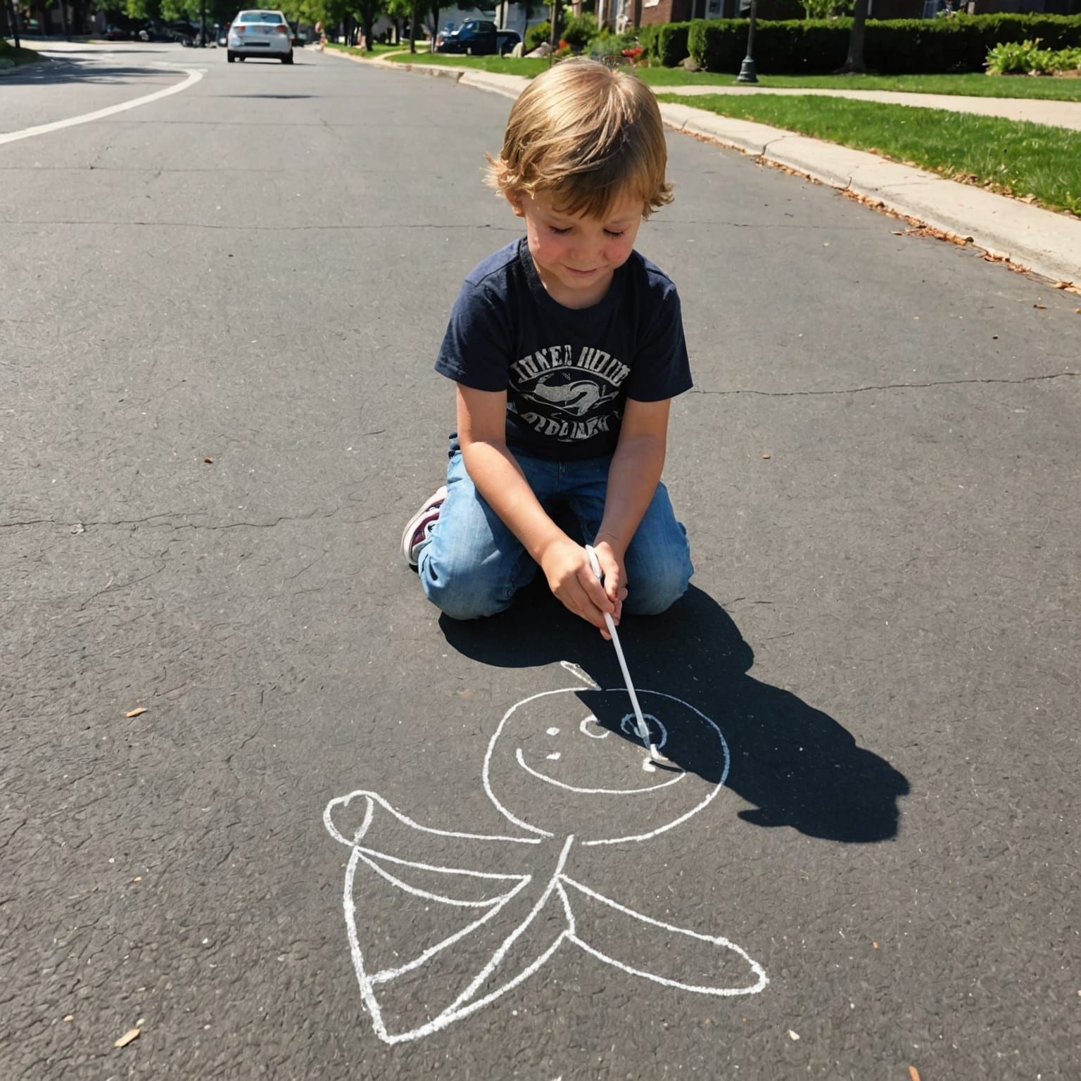 Happy Child Draws Stick Figure with Chalk