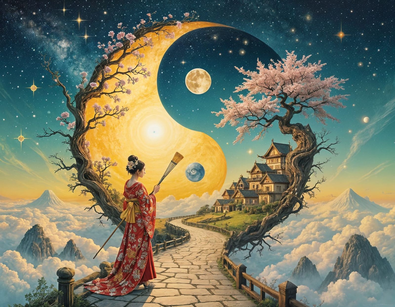 Surreal Stargate Painting with Bonsai and Calligraphy