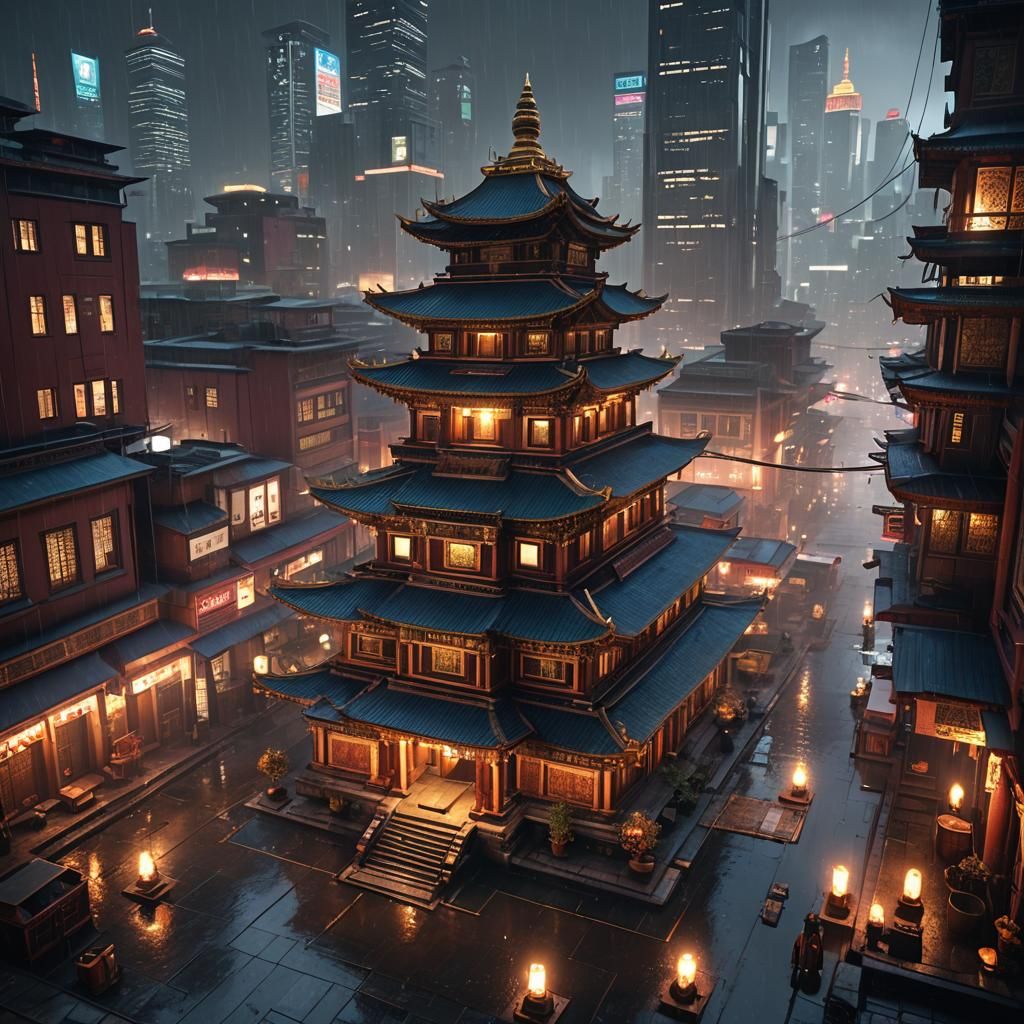 Cyberpunk Tibetan Temple in Rainy Cityscape