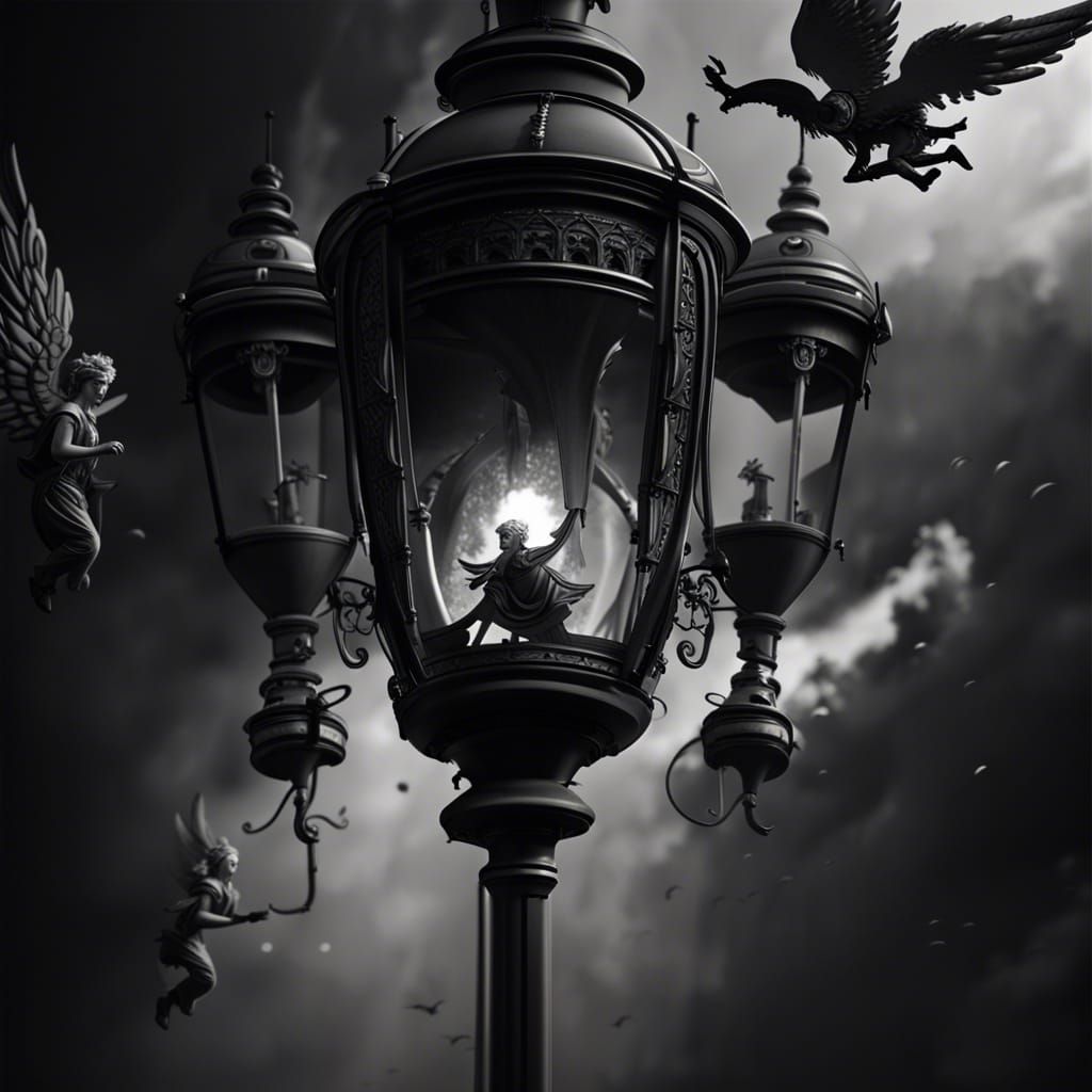 Angels Around Gas Lamp in Monochrome, Detailed Painting