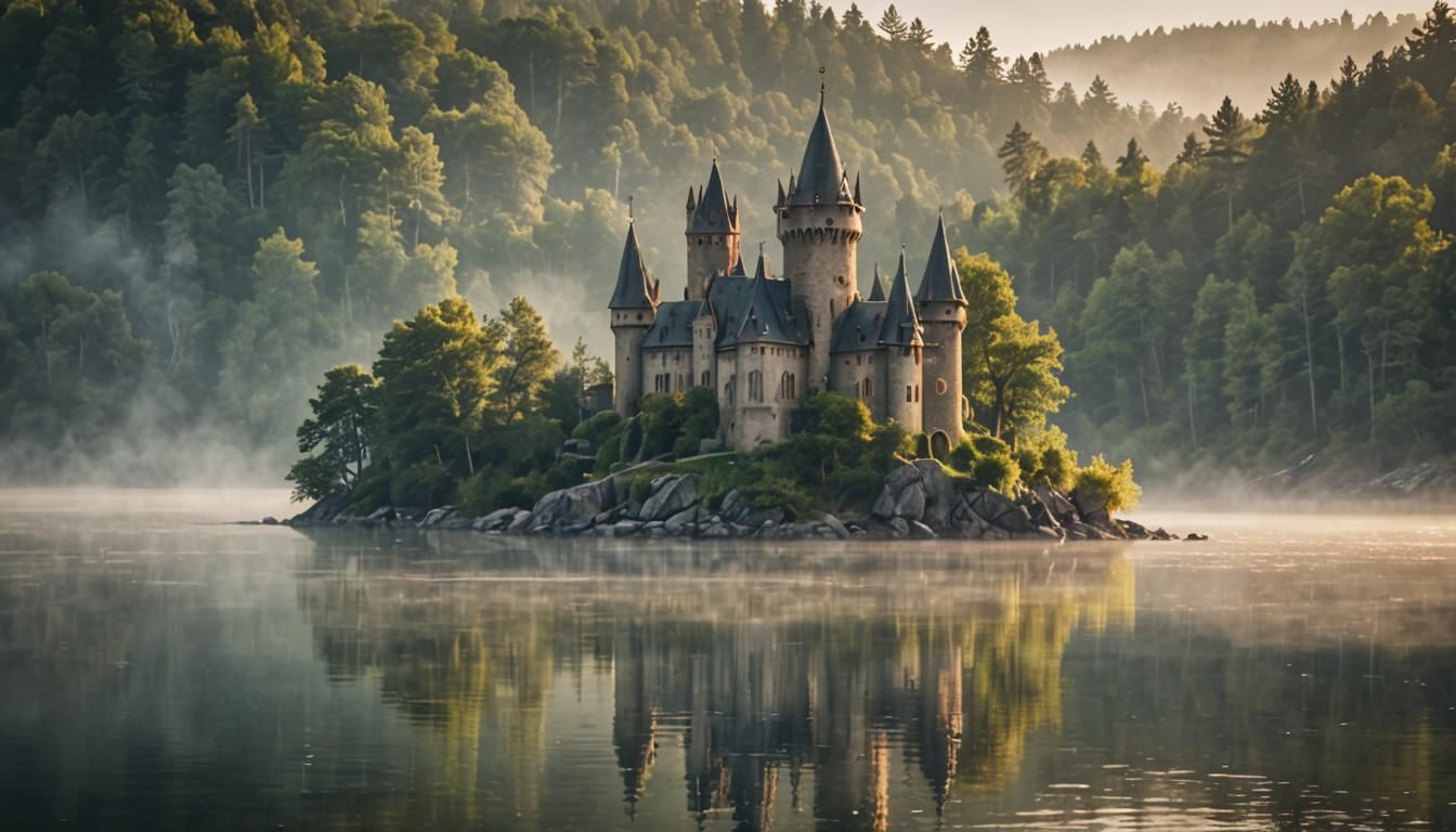 Elven Castle on Misty Lake: Dreamy Photography