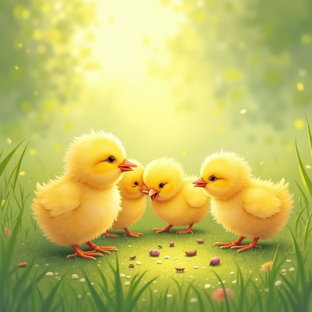 Fluffy Chicks Pecking Seeds in Vibrant Grass