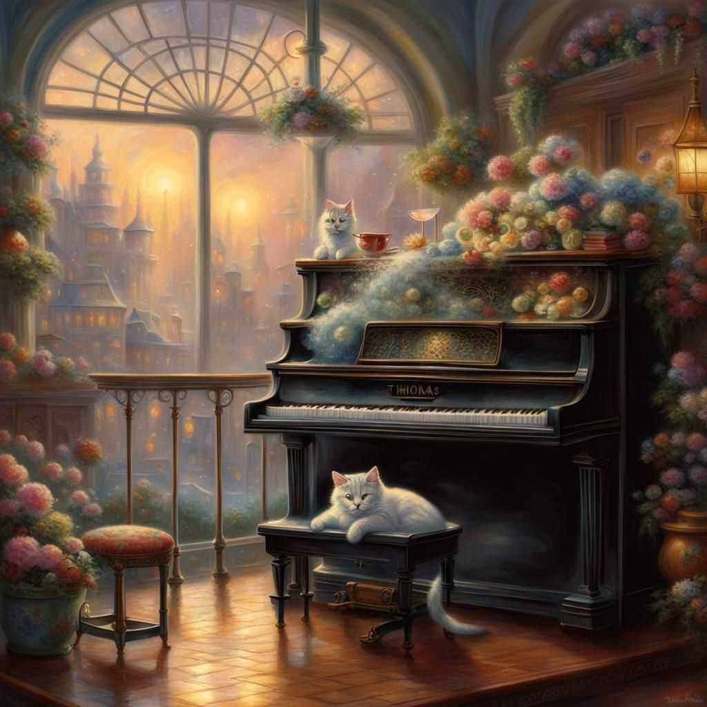 Cat in Piano Cafe: Ethereal Fantasy Art