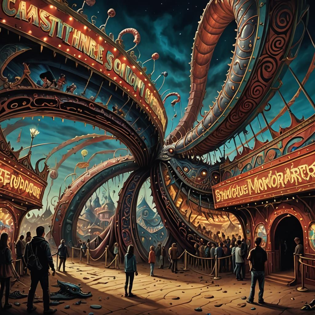 Eerie Carnival with Sandworm in a Nightmarish Maze