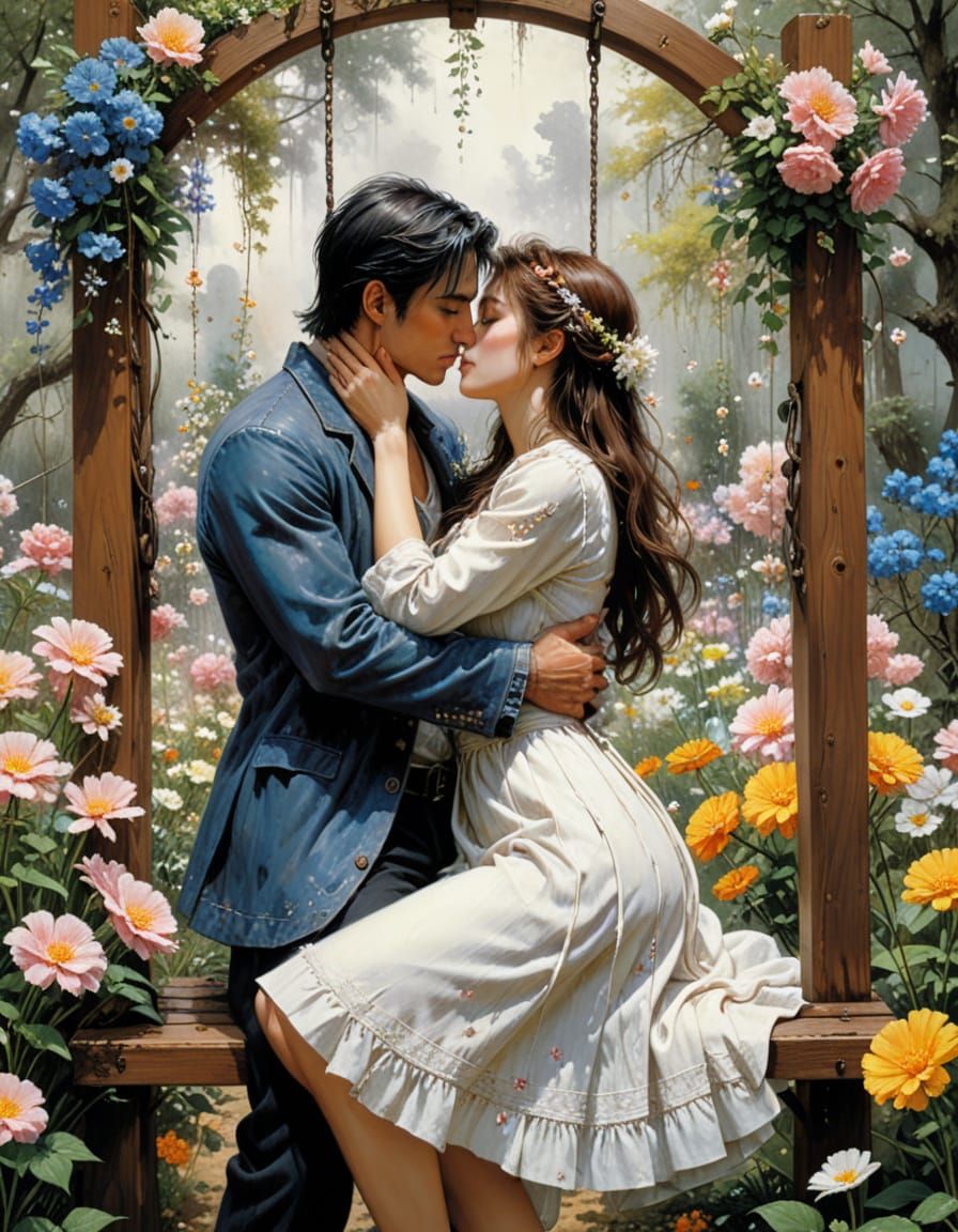 Romantic Couple in a Whimsical Garden Setting