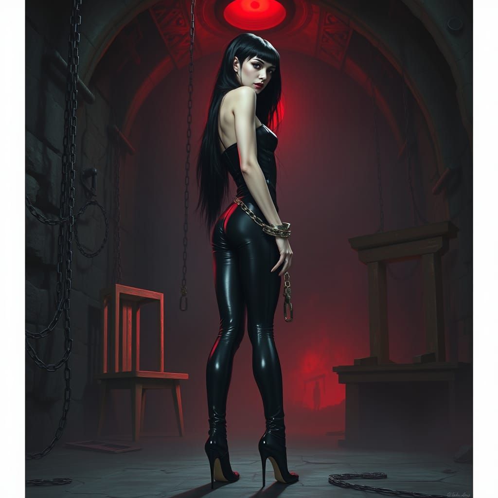 Gothic Vampire Woman in Leather Outfit, Chains, and Handcuff...