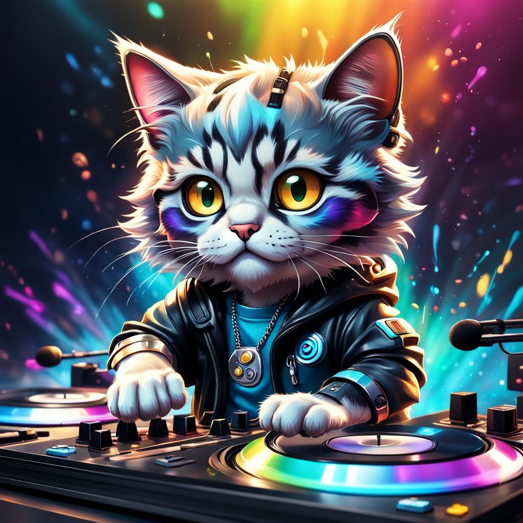 Hyperrealistic Chibi Cat DJ in Colorful Splash Art