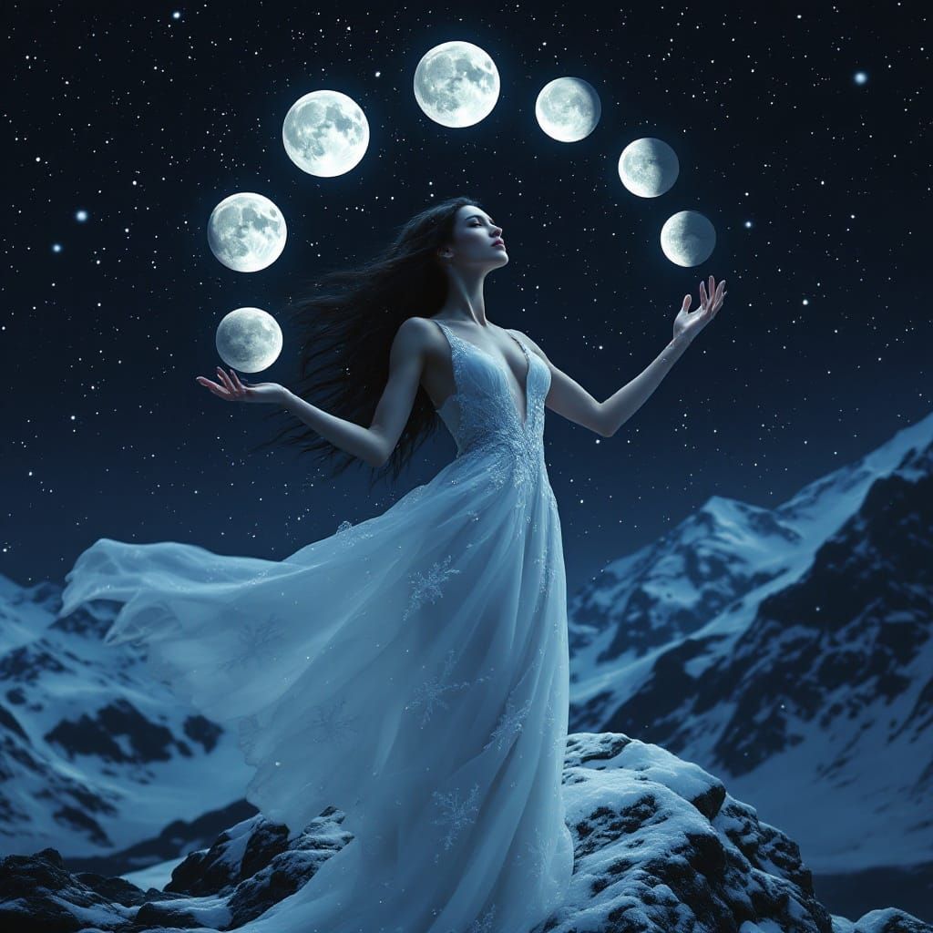 Icelandic Goddess Juggling Moons in Starry Sky