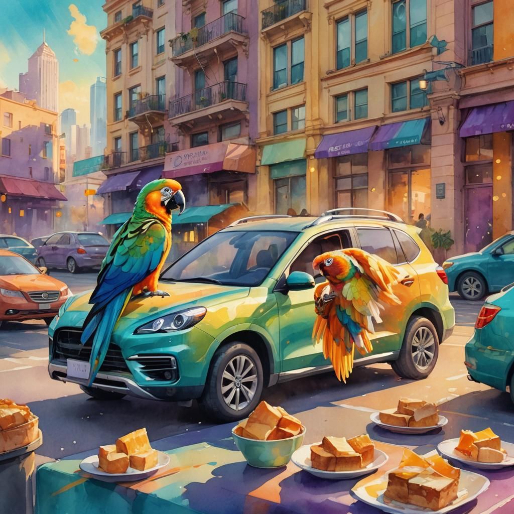 Parrot's Urban Feast: Watercolor and Digital Fusion