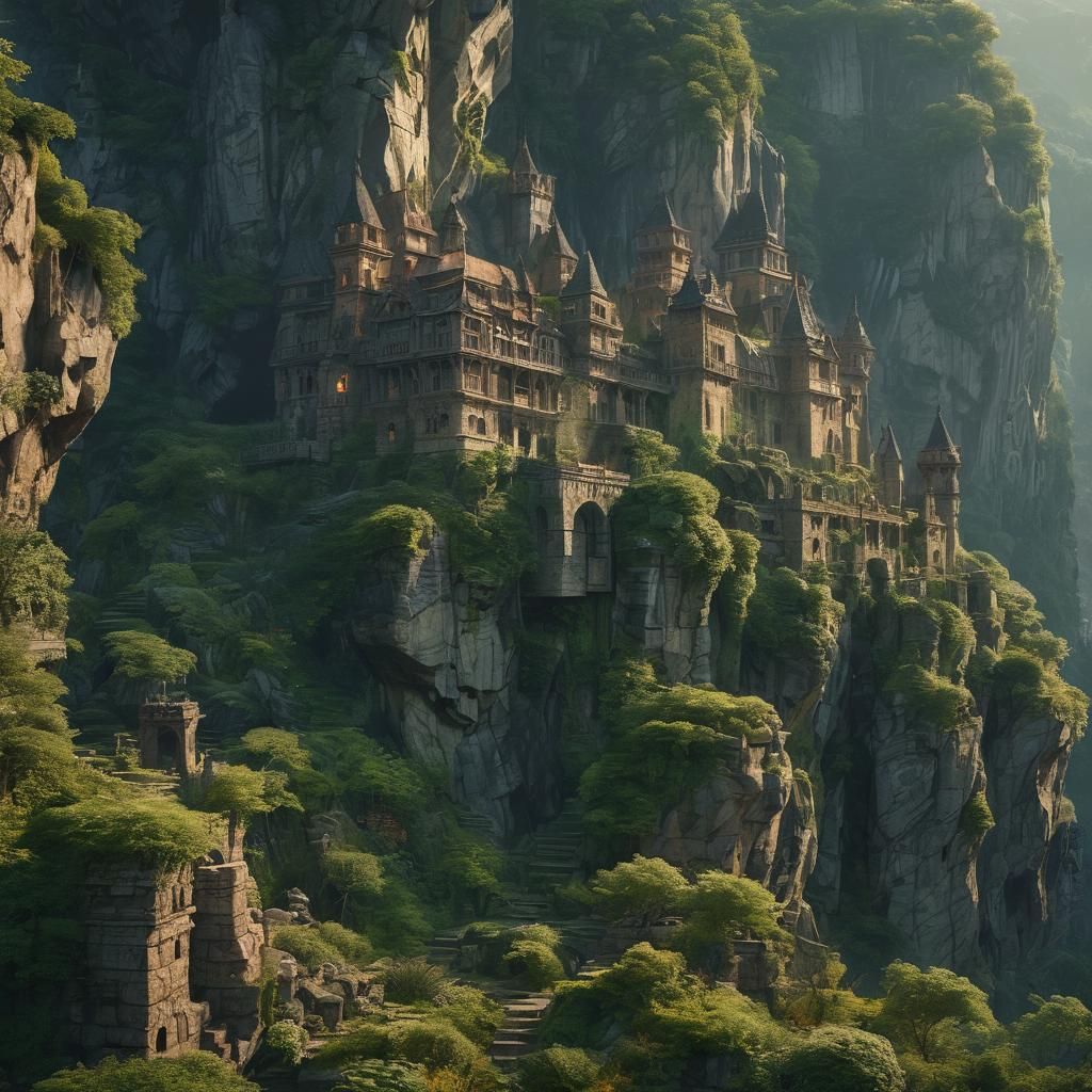 Majestic Castle Ruins on Rugged Mountain: Digital Painting