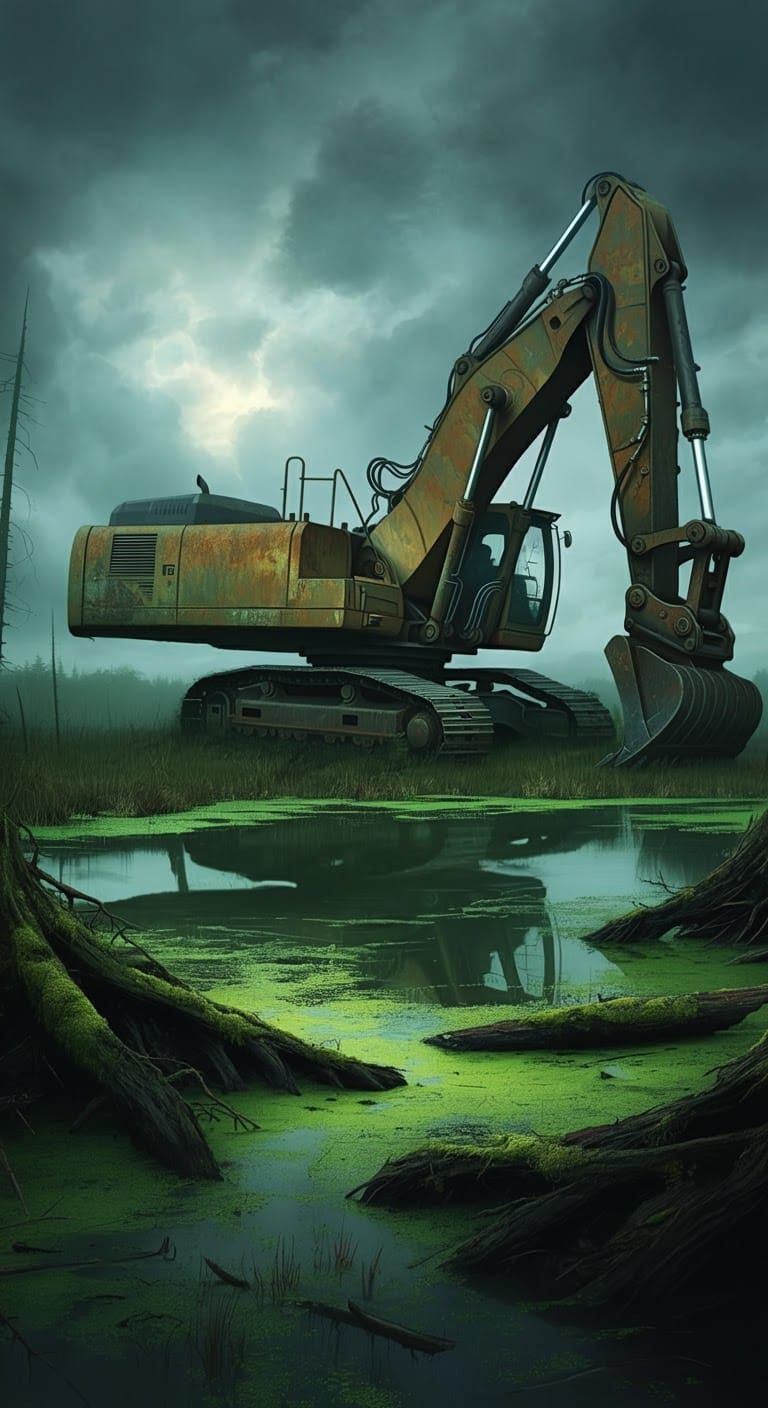 A painting depicting an excavator working in a swamp, surrounded by lush greenery and murky water.