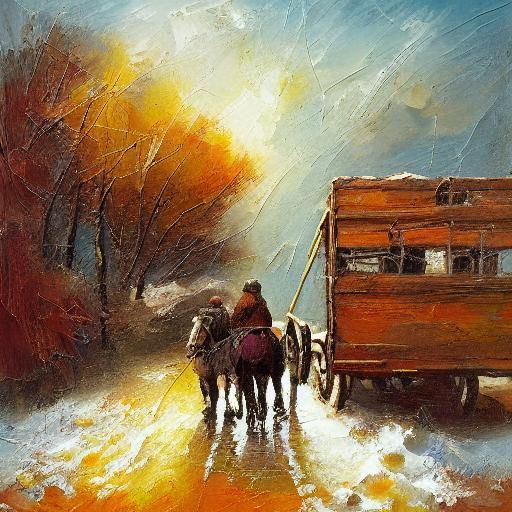 Old Man Leads Horse Cart: Impasto Winter Scene