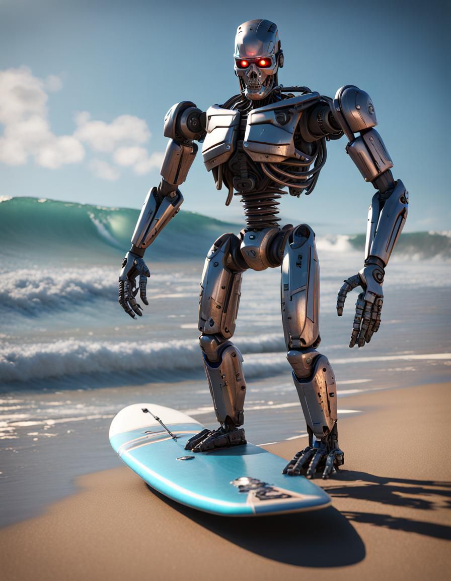 Terminator Robot Surfing: 3D Game Cinematic Graphics