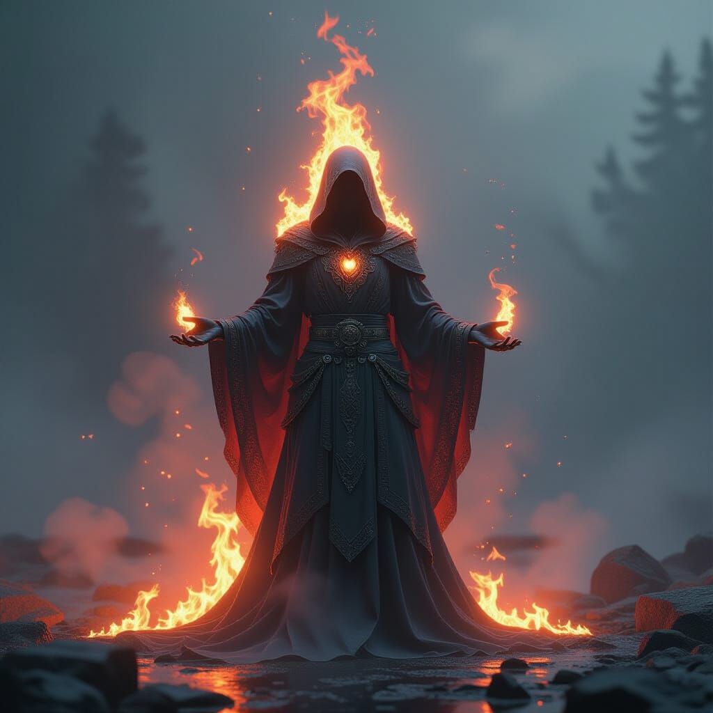 Flaming Crystal Figure in Ethereal Atmosphere