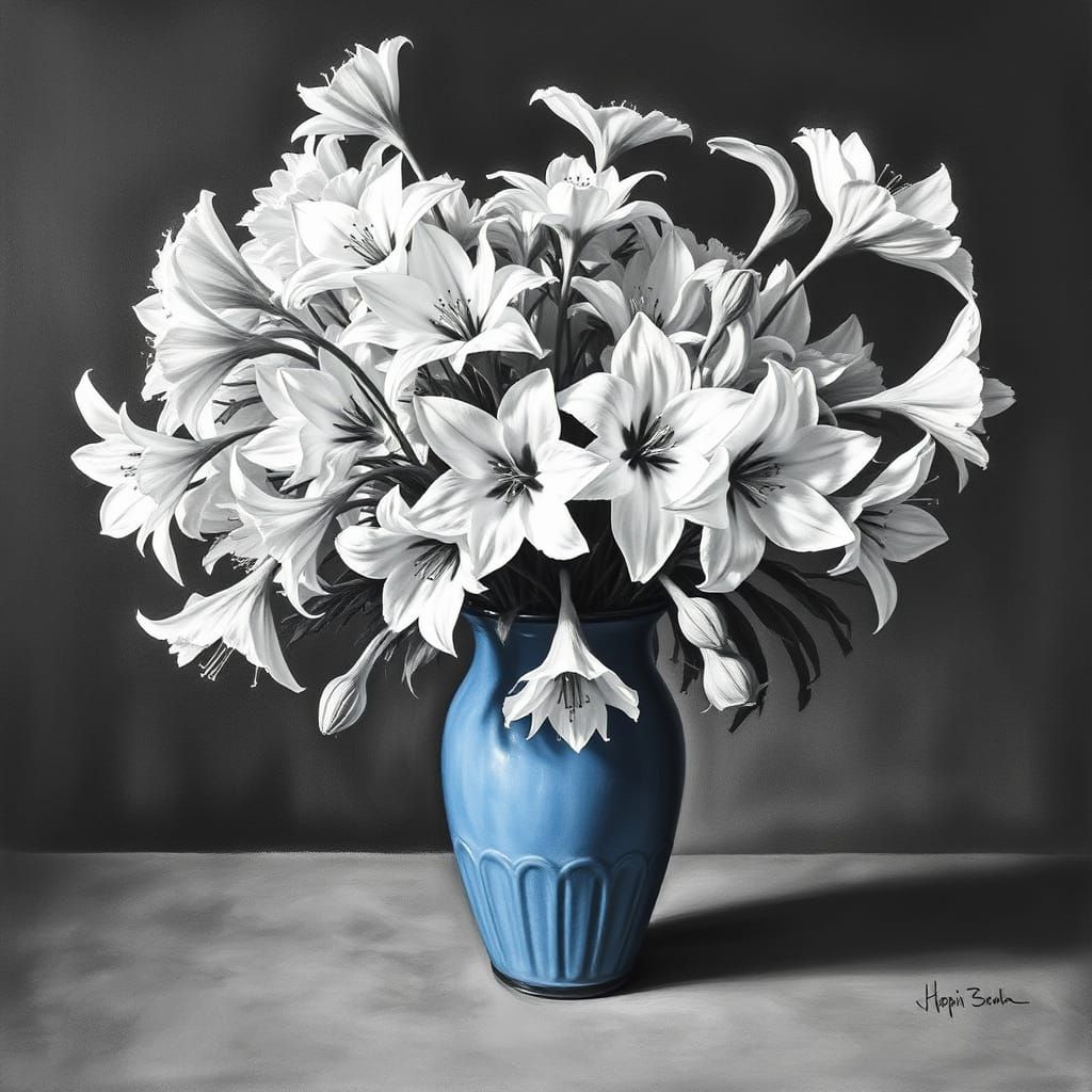 Hyperdetailed Charcoal Drawing of White Flowers in a Blue Va...