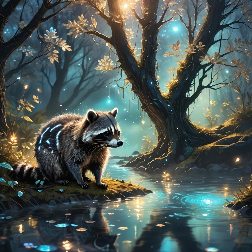 Bioluminescent Raccoon in a Shimmering Metallic Forest