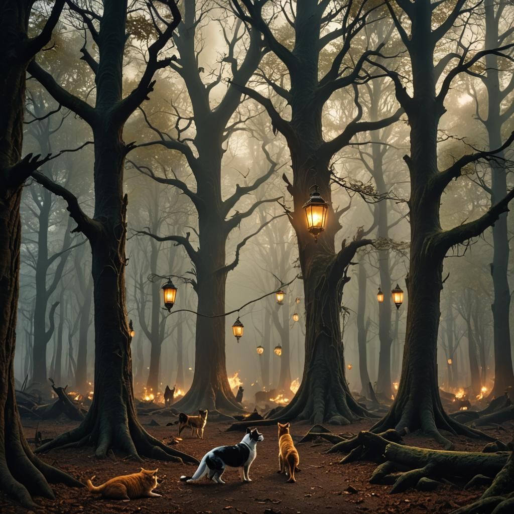 Cats and Dogs in Foggy Forest, Gothic Surrealism