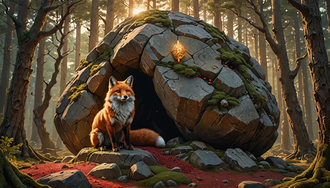 Mystical Boulder in Pine Forest, Fantasy Art