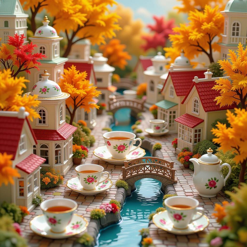 Whimsical Teacup Cityscape with Miniature Autumn Trees