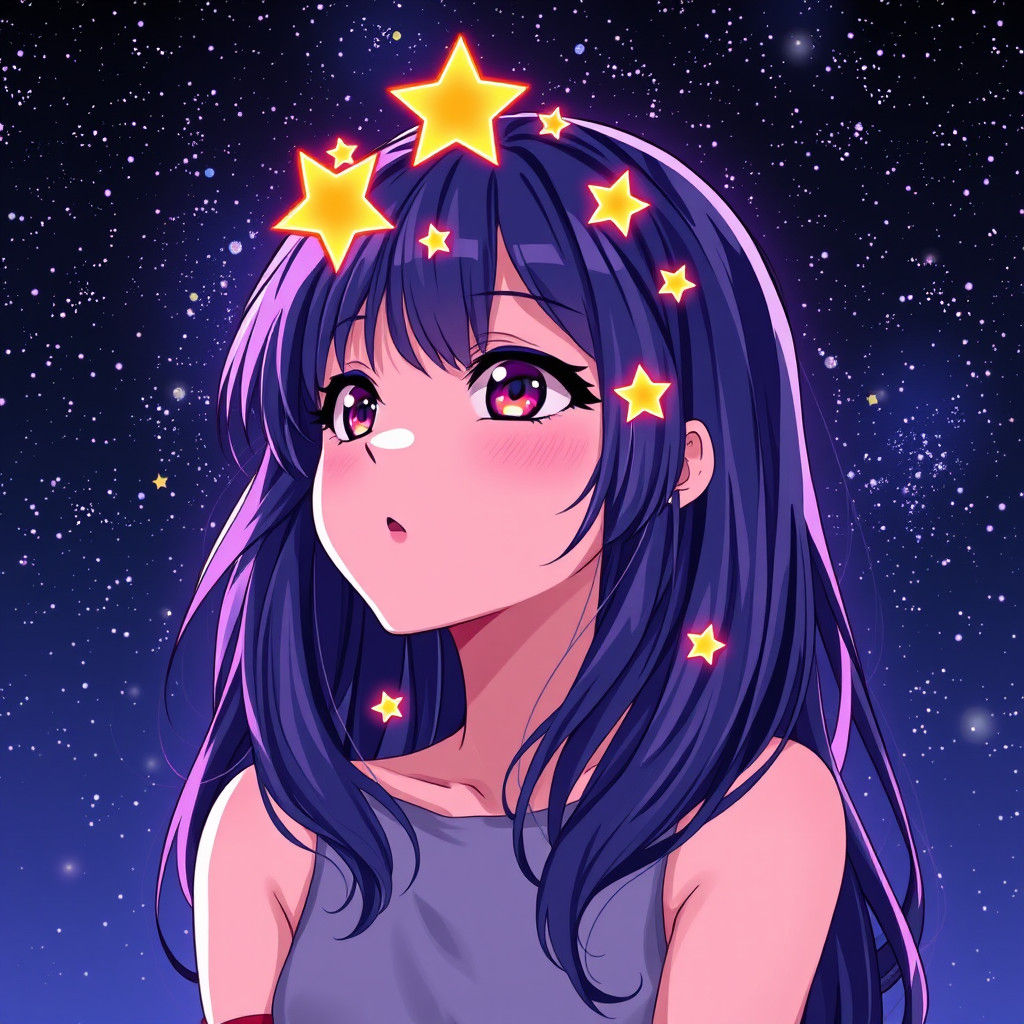 Anime Girl with Star Hair, Cel-Shaded Style