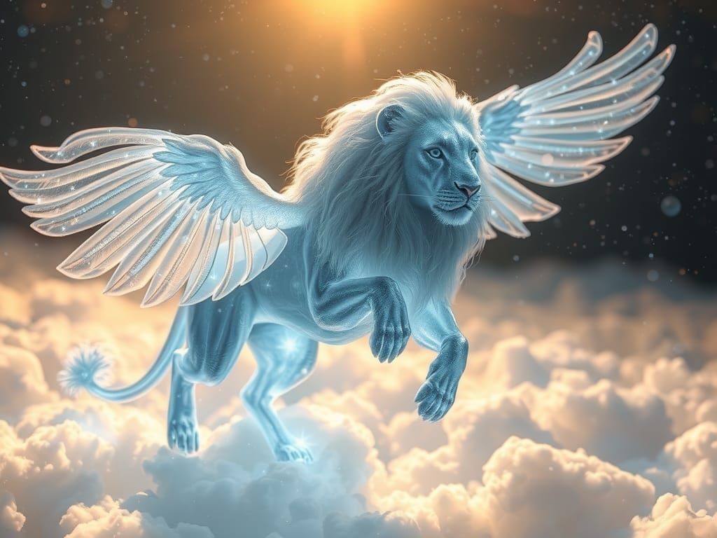 Close-up a majestic, transparent and glowing glass-like lion...