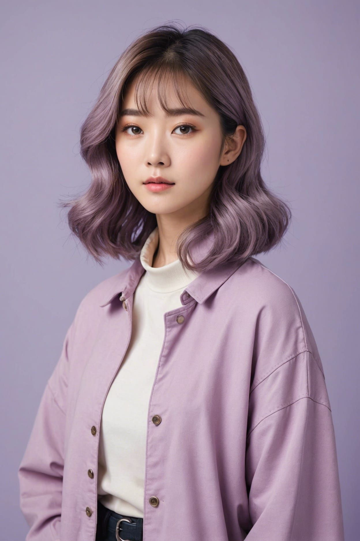 Trendy Japanese Woman with Ash Violet Hair