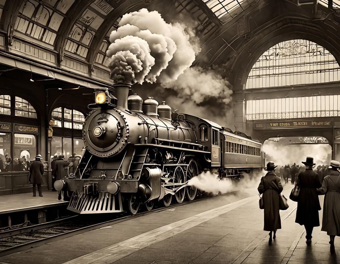 Vintage Train Station Movie Poster in Art Nouveau Style