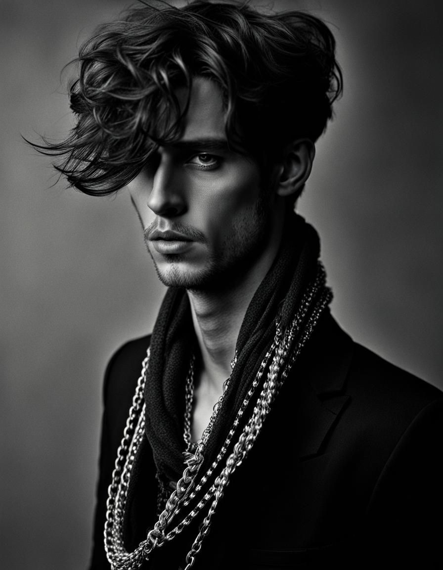 Edgy Portrait of Man with Necklace in High Fashion Style