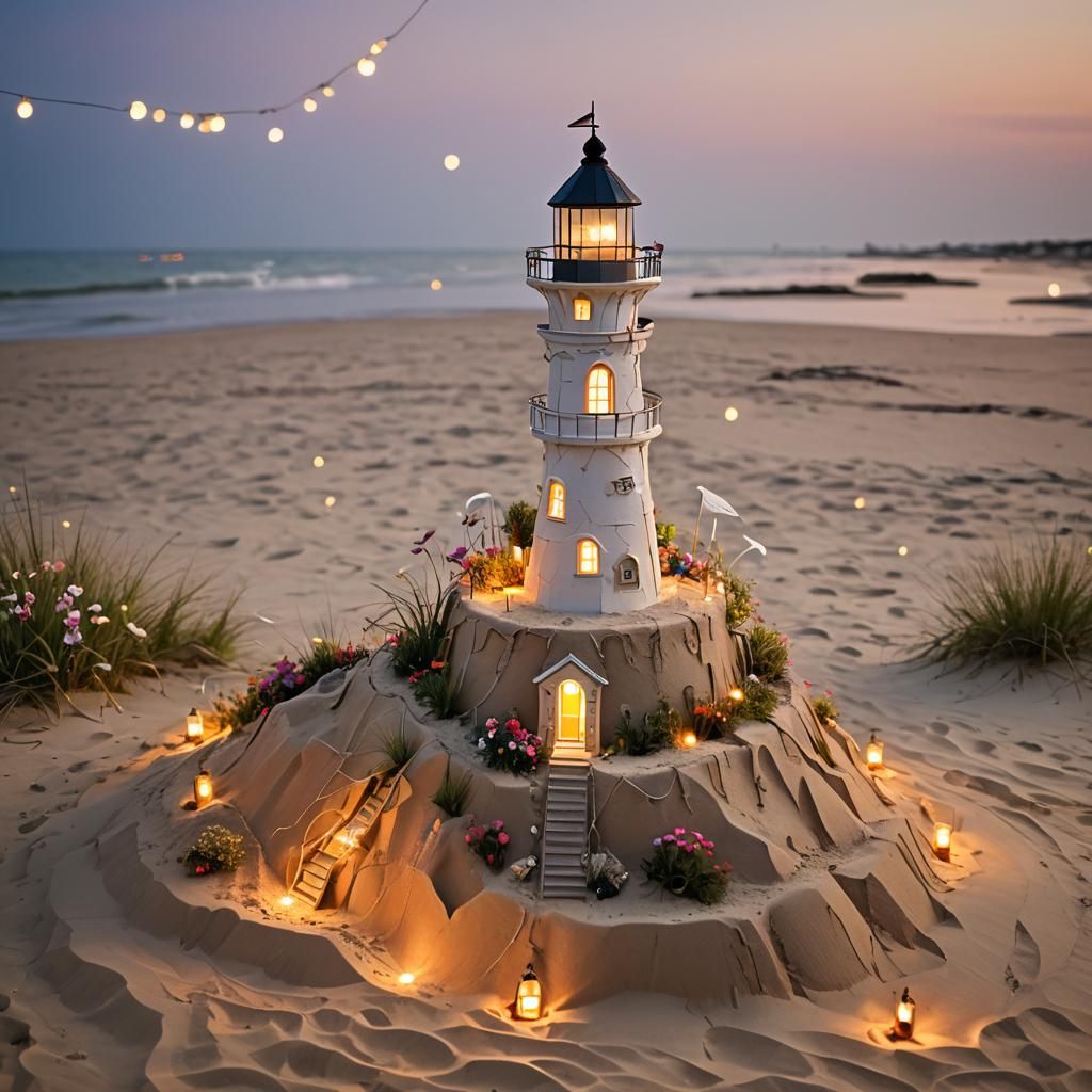 Magical Sandcastle Lighthouse on Enchanted Summer Evening