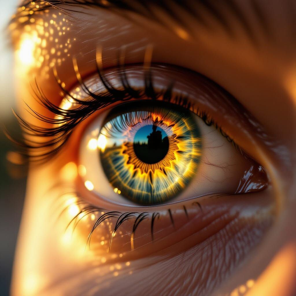 Hyperrealistic Eye Reflecting Golden Hour Sunlight
