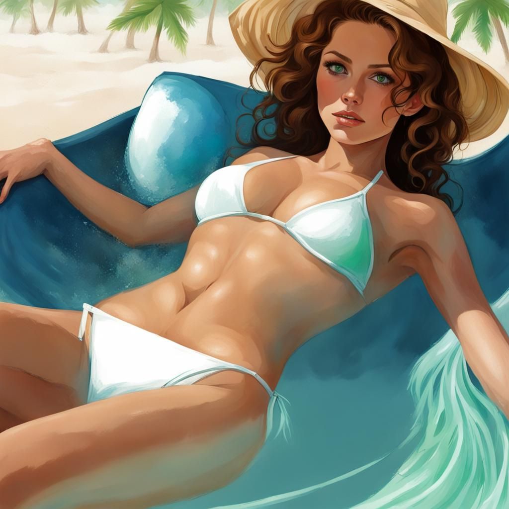 Blonde Woman with Wavy Hair in Bikini