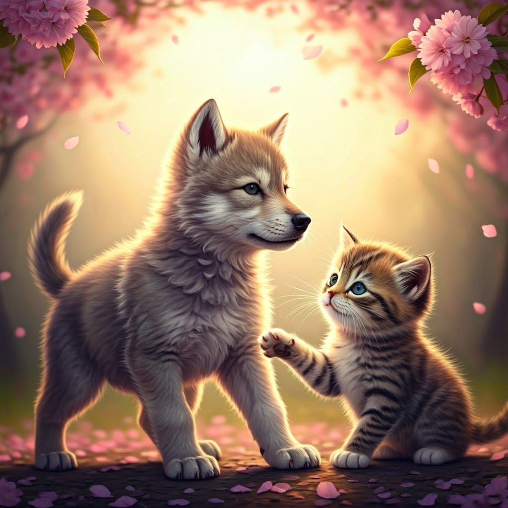 Playful Springtime Duo Amidst Cherry Blossoms in Ethereal St...