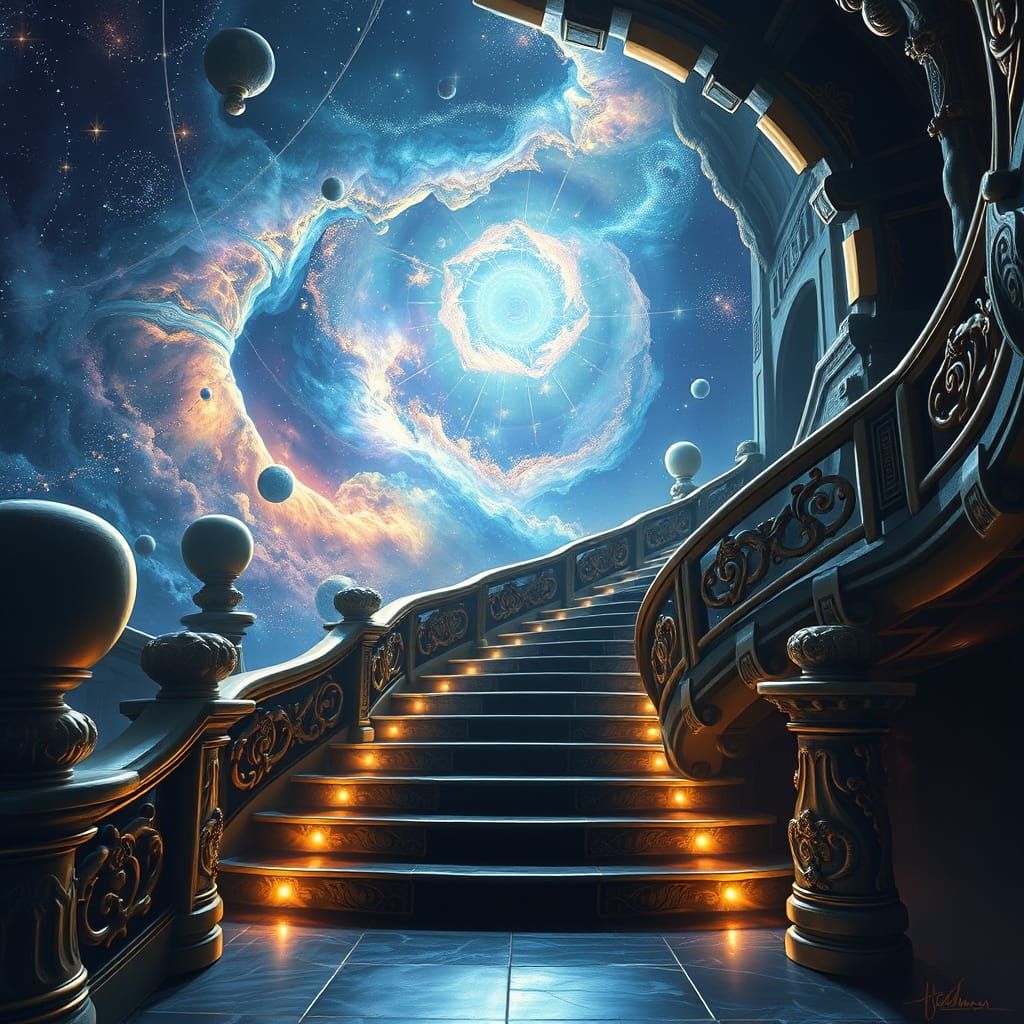Cosmic Spiral Staircase in High-Fantasy Digital Painting