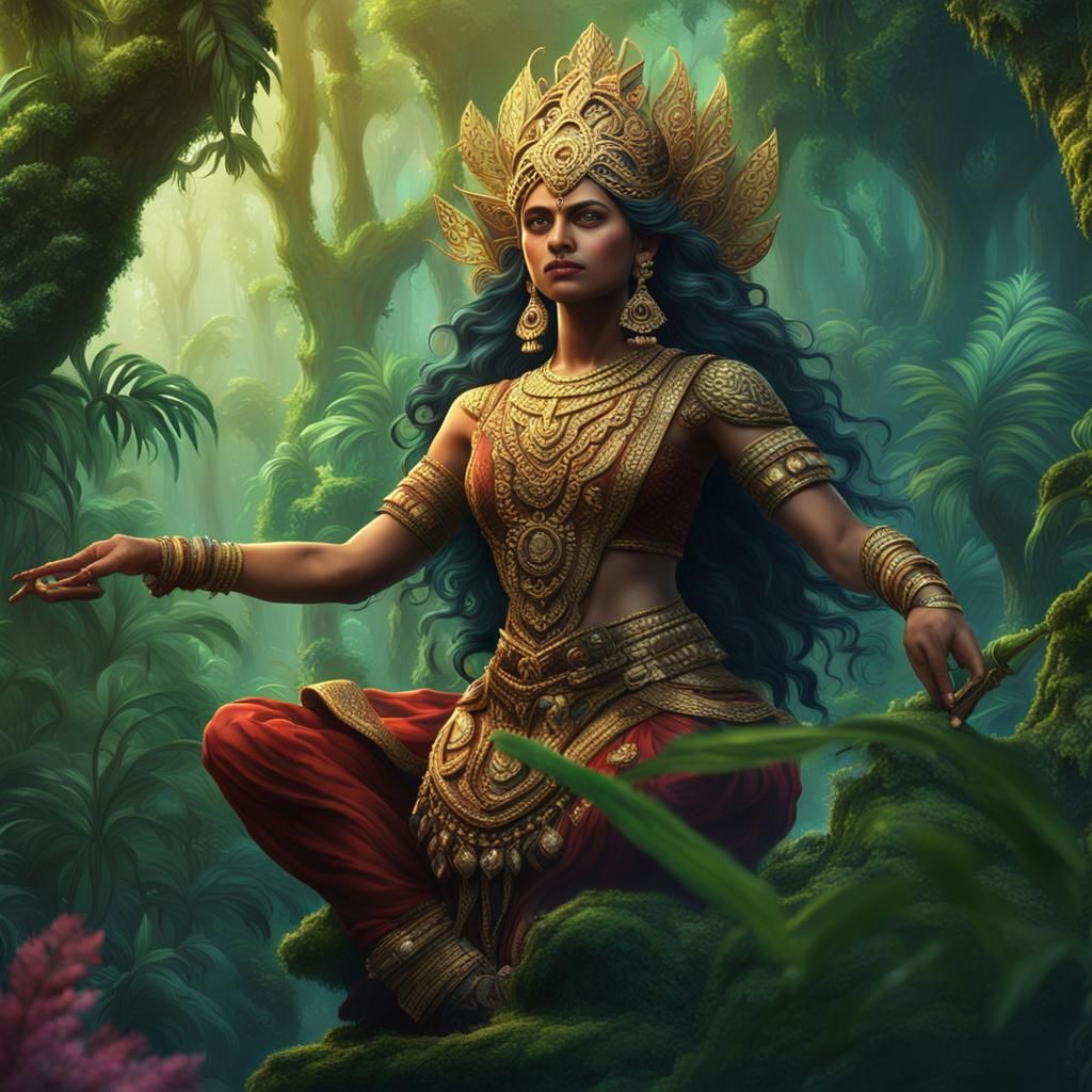 Goddess Meenakshi in a Deep Jungle, Detailed Matte Painting