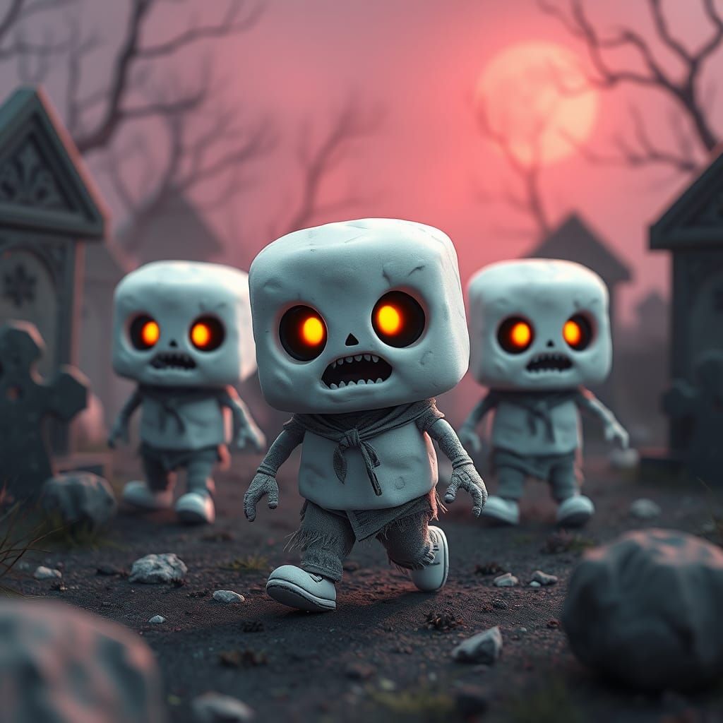 Cute Chibi Zombie Marshmallows in Graveyard, 3D Render