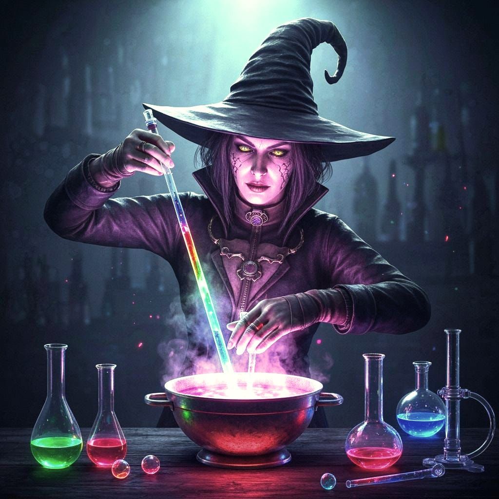 Science Witch Mixing Luminescent Fluids in Steaming Bowl