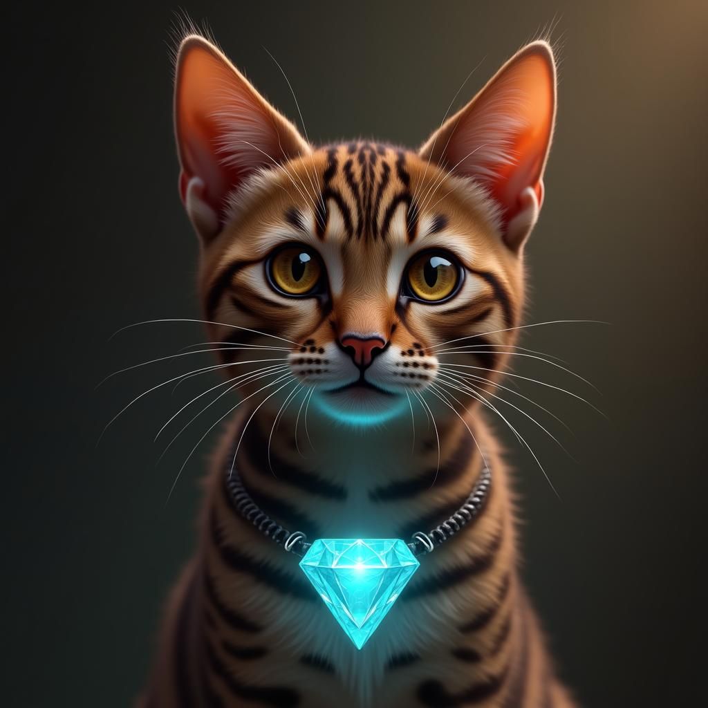 Mystical Leopard Cat with Glowing Diamond, Digital Art