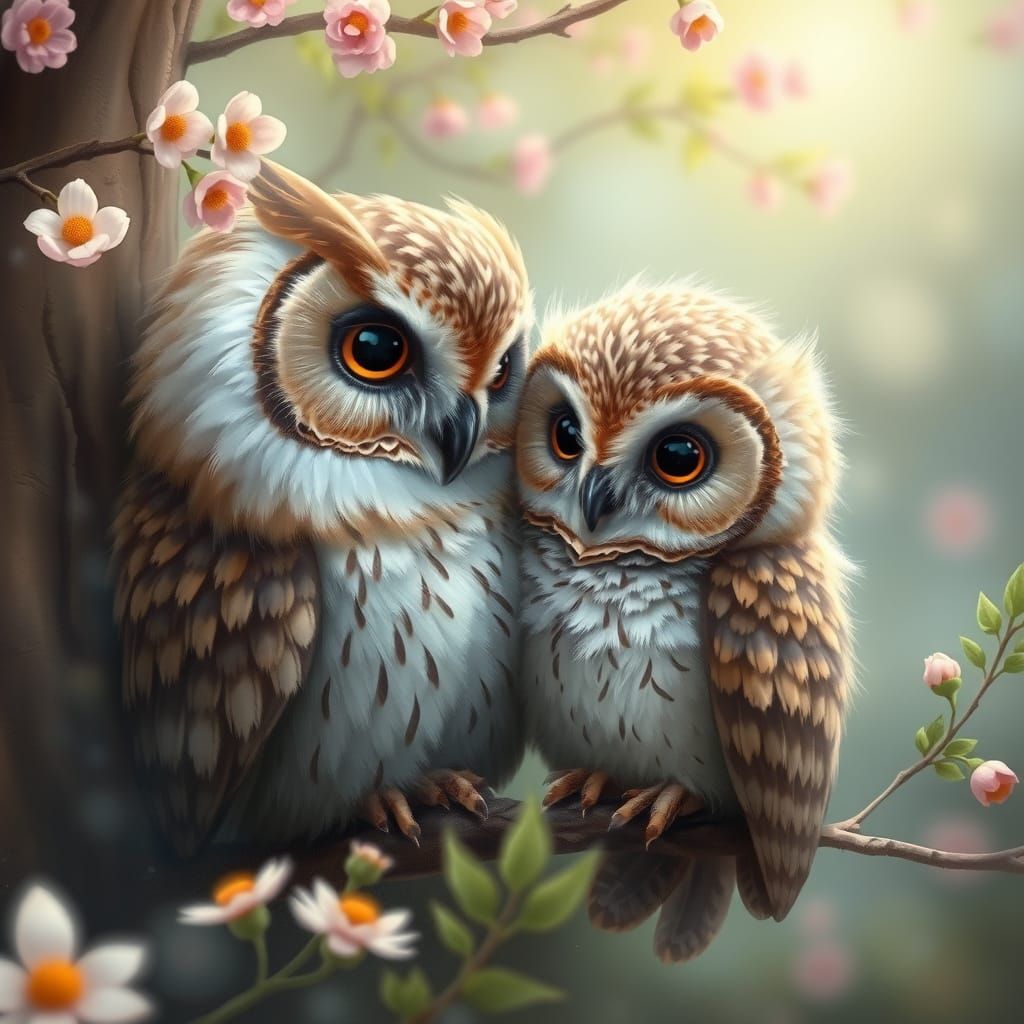 Surreal Springtime Mother and Baby Owl in Ethereal Fantasy S...