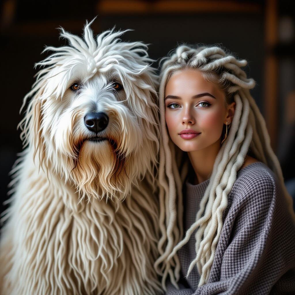 Albino Owner and Komondor Dog with Matching Dreadlocks