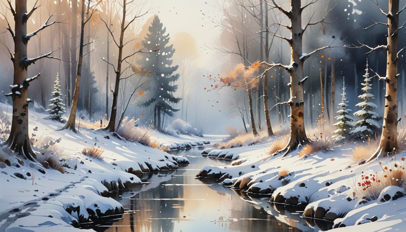 Winter Forest Lake in Watercolour Style