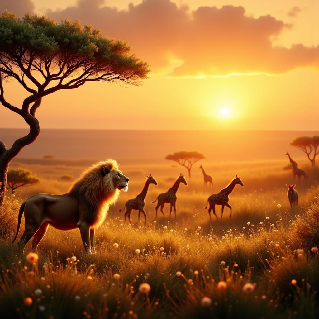 Surreal African Savannah Sunrise in Vibrant Golden Light