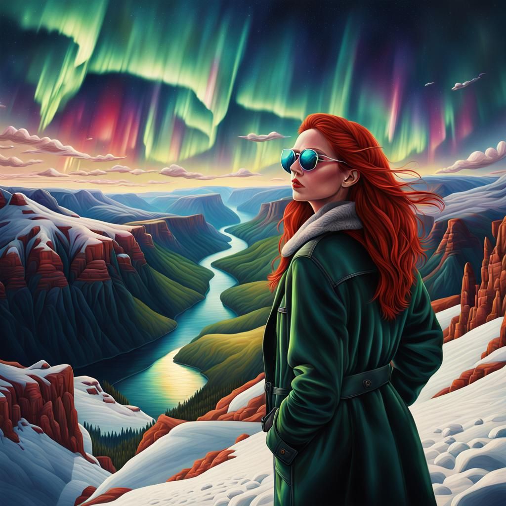 Redhead Gazes at Northern Lights Over Canyon