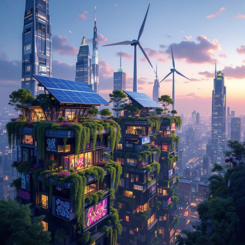 Futuristic Rooftop Garden Metropolis at Twilight