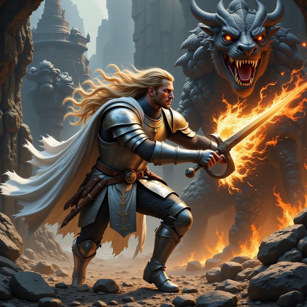 Heroic Knight Battles Dragon in Fantasy Art Style