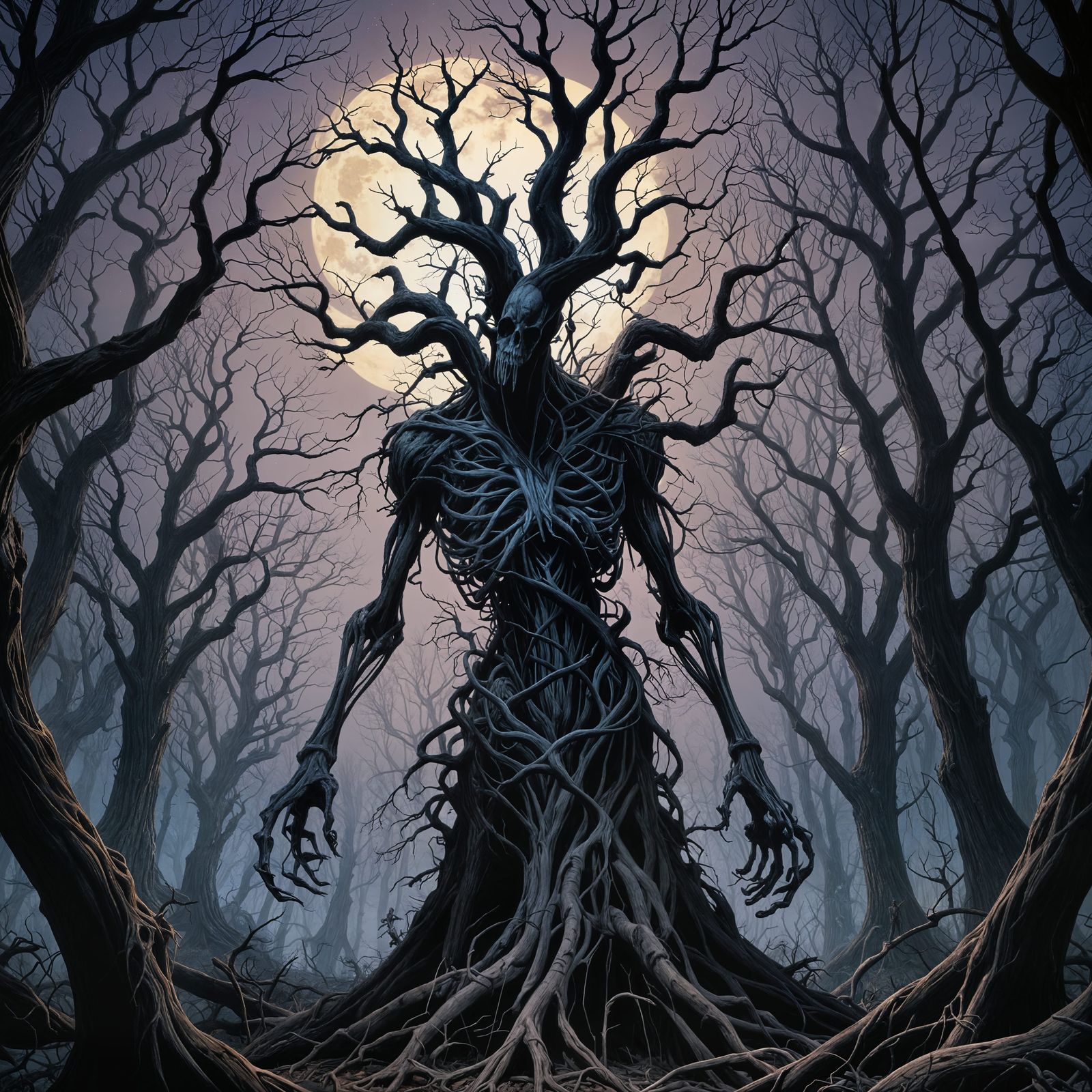 Eerie Moonlit Forest at Night: Sinister Digital Painting