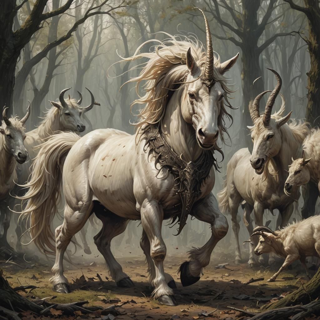 Sinister Unicorn with Goat Beard, Fantasy Art