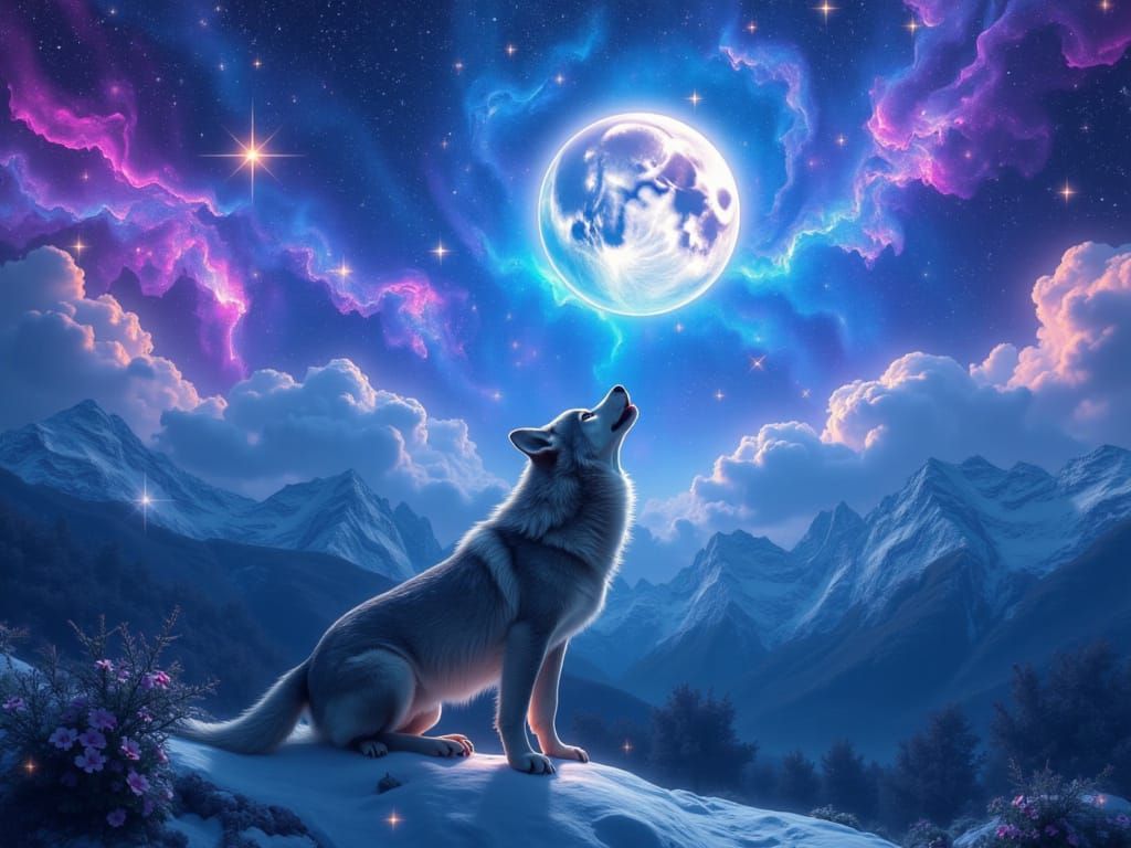 Majestic Wolf Howling Under Starry Sky