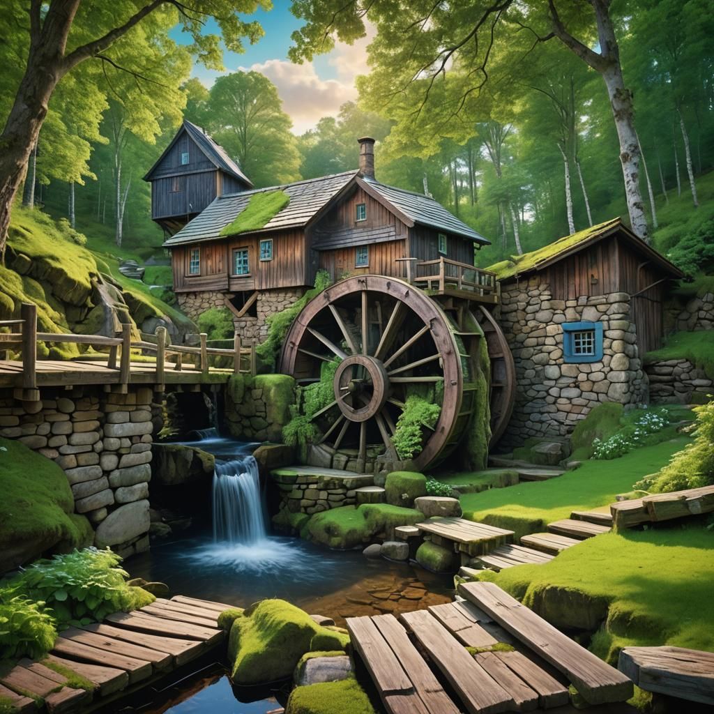 Tranquil Watermill Scene in Cinematic 3D Style