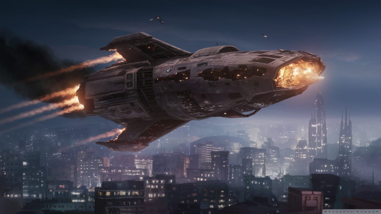 Damaged Spacecraft Flees Over Alien Metropolis at Night