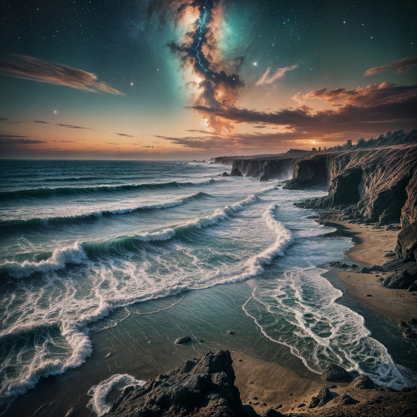 Nebula Sky Over Ocean Waves: Cinematic Still